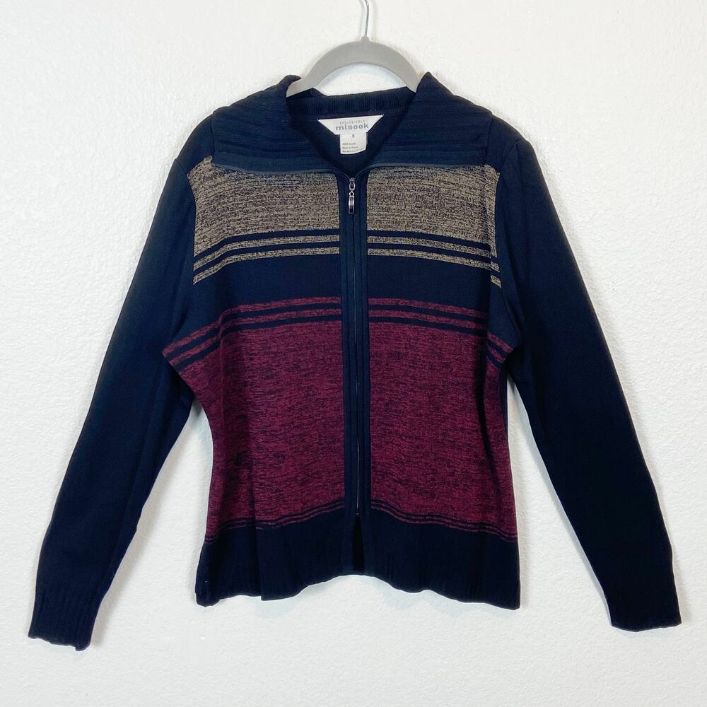 Misook Cardigan Striped Black Maroon Tan Women Vintage Easy Care Zip Front Small